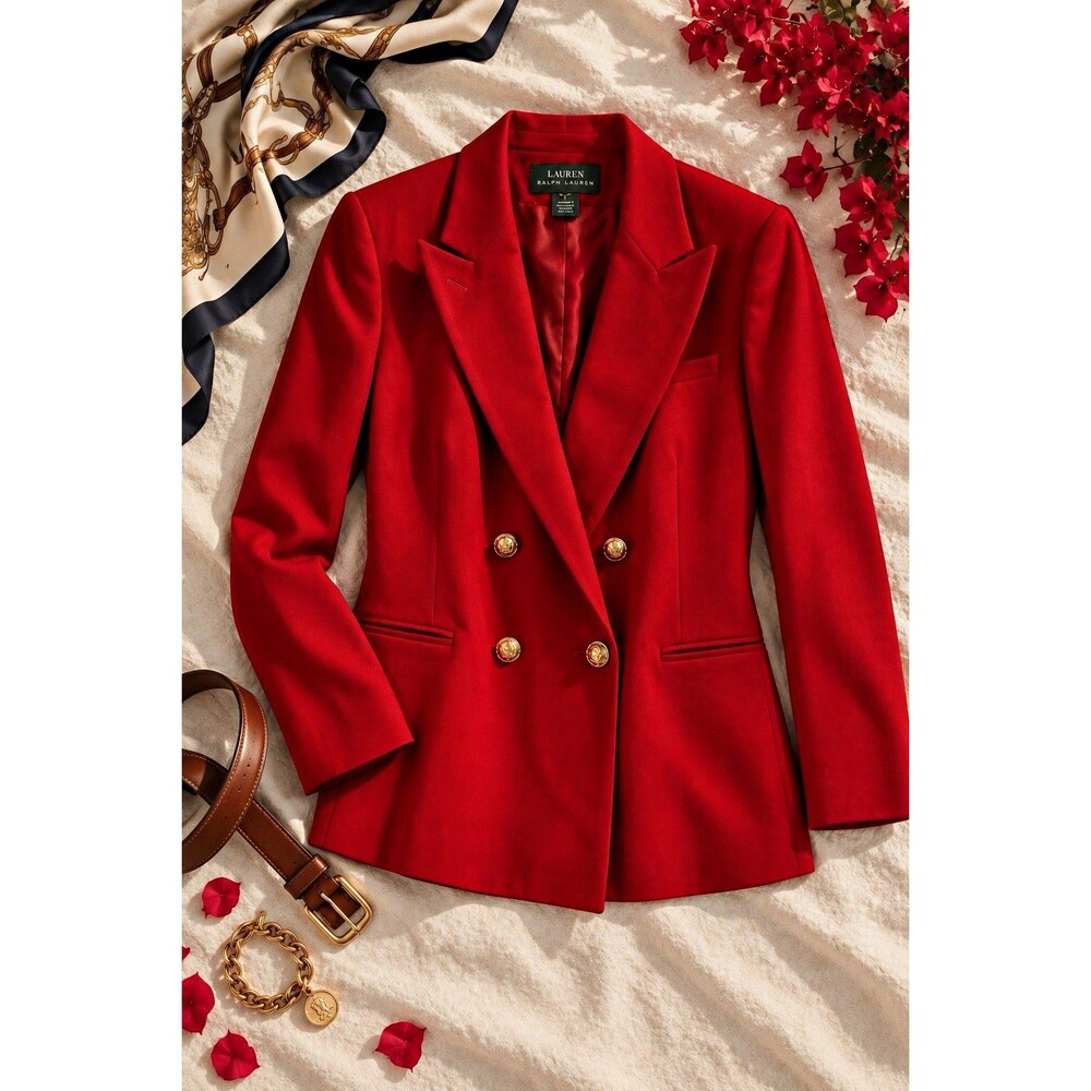 Vintage Lauren Ralph Lauren Red Wool Blazer Gold Crest Buttons